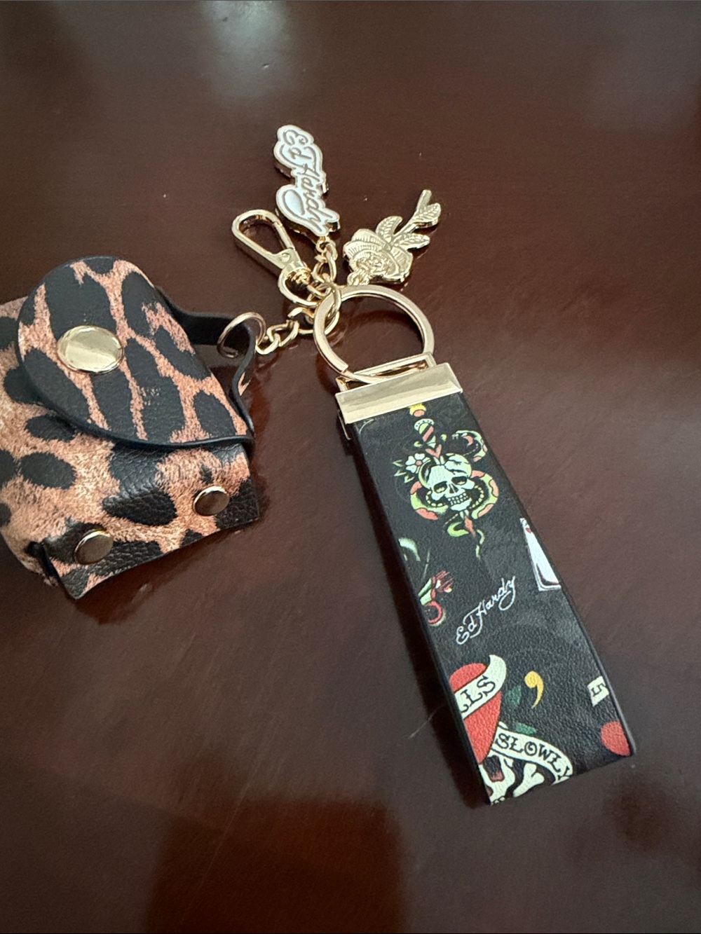 Ed Hardy Black Tattoo-Print Leather Wristlet Key Fob with Gold Hardware